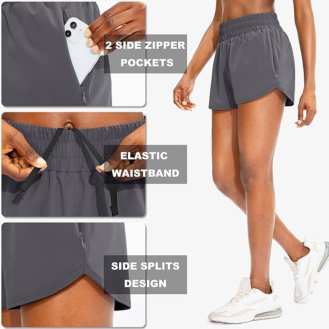 SANTINY Women's Running Shorts with Zip Pockets High Waisted Athletic Workout Gym Shorts for Women