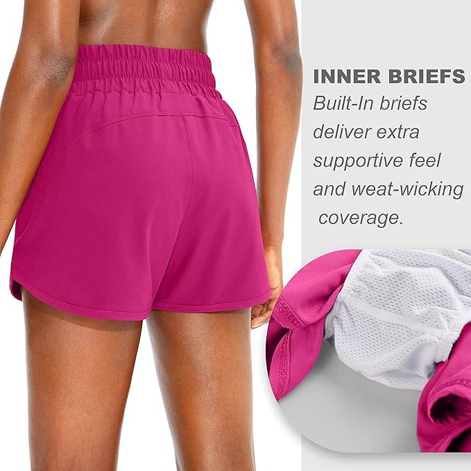 SANTINY Women's Running Shorts with Zip Pockets High Waisted Athletic Workout Gym Shorts for Women