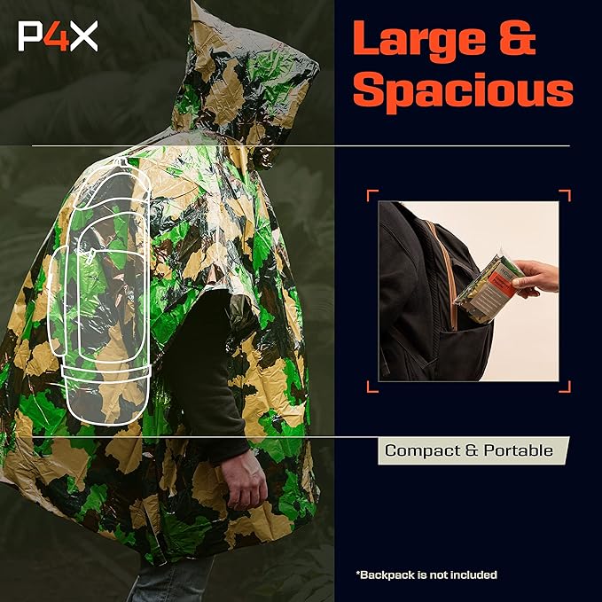 PREPARED4X Emergency Poncho and Mylar Blanket Liner - Waterproof, Wind-Resistant Outdoor Rain