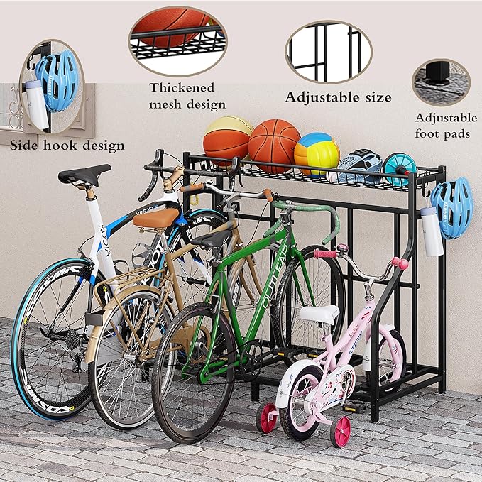 Bike Rack Storage Stand Organizer Floor Holds 4 Bicycle Parking Freestanding Adjustable Garage