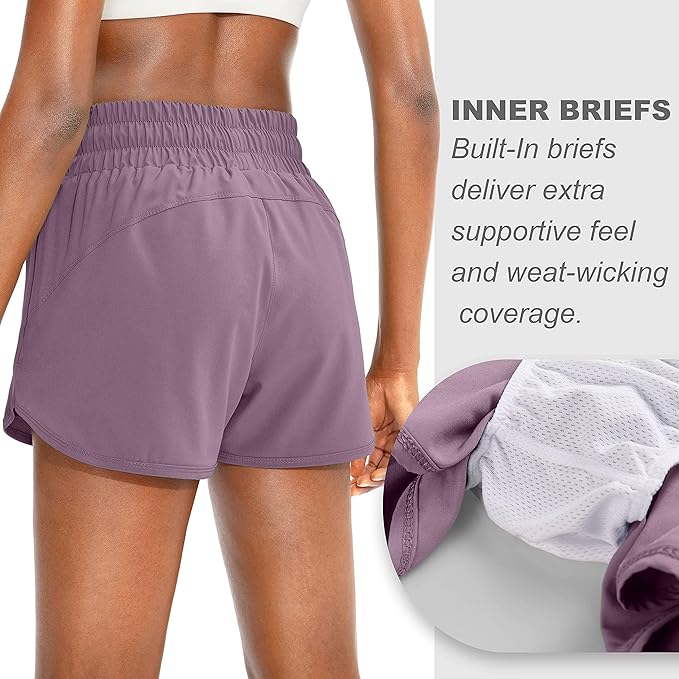 SANTINY Women's Running Shorts with Zip Pockets High Waisted Athletic Workout Gym Shorts for Women