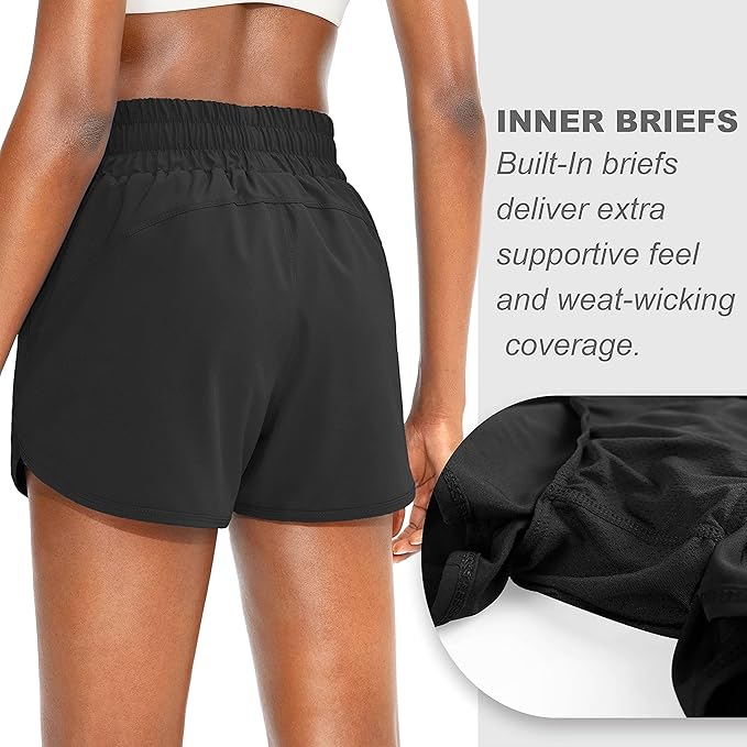 SANTINY Women's Running Shorts with Zip Pockets High Waisted Athletic Workout Gym Shorts for Women