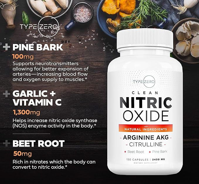 Type Zero Nitric Oxide 6X Booster, 150 Veggie Capsules - Natural Supplement - Beetroot, Arginine