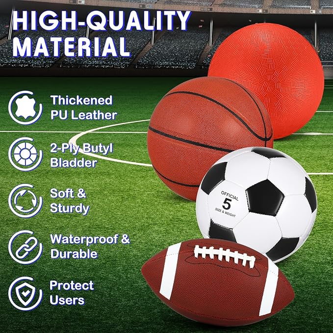Deekin 8 Pcs Sports Balls Set for Adult Assorted Football Basketball Soccer Playground Balls
