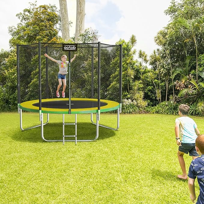 AOTOB 8FT 10FT 12FT 14 FT 15FT Trampoline with Safety Enclosure Net，Outdoor Trampoline with