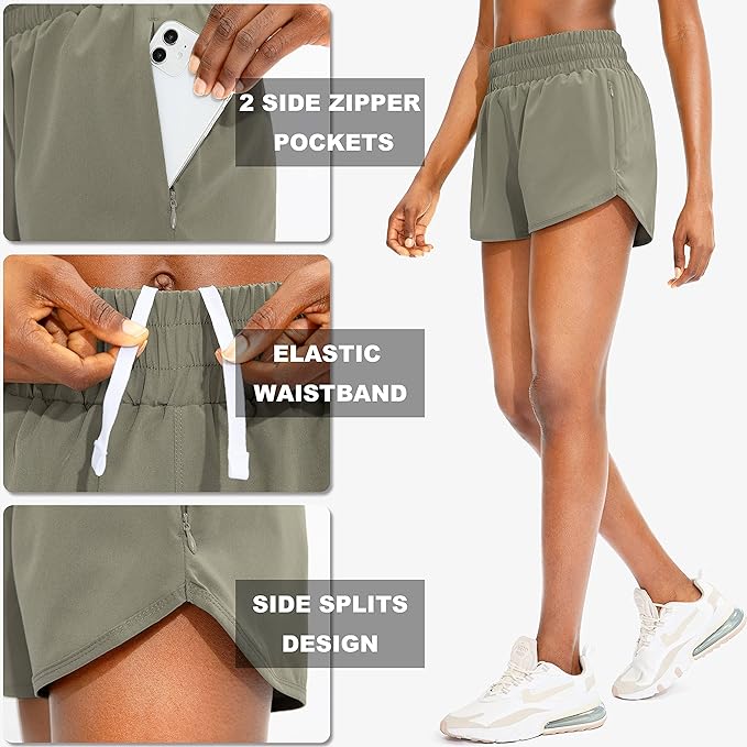 SANTINY Women's Running Shorts with Zip Pockets High Waisted Athletic Workout Gym Shorts for Women