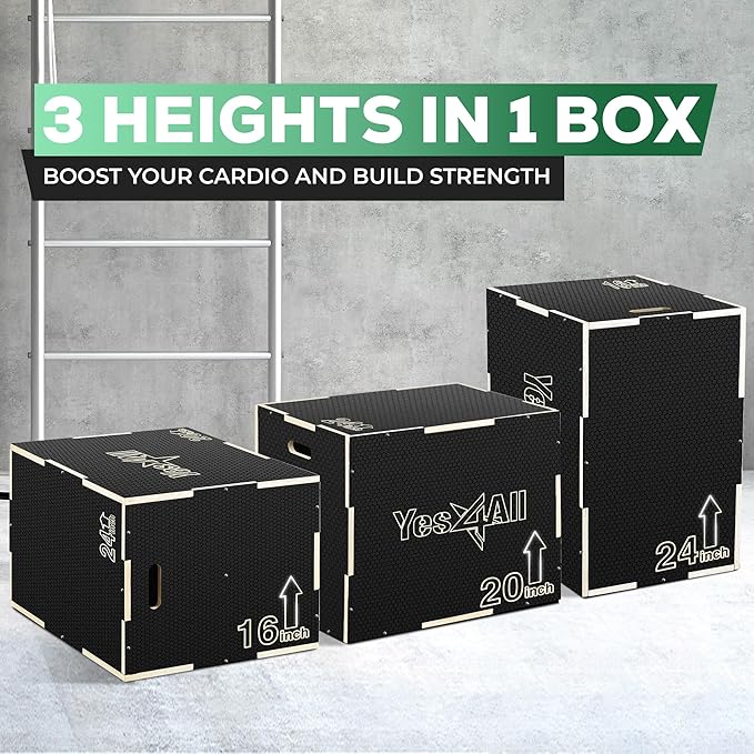 Yes4All 3 in 1 Non-Slip Wooden Plyo Box, Step Up Box for Workout, Plyometric Jump Box for Skipping