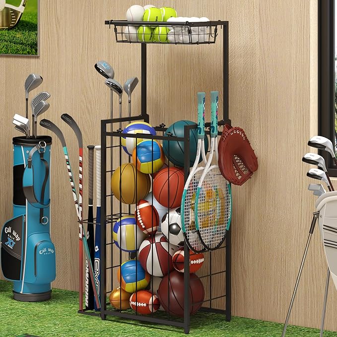 Sports Equipment Organizer, Small Garage Ball Storage Rack with Elastic Straps and 3 Hooks, Garage