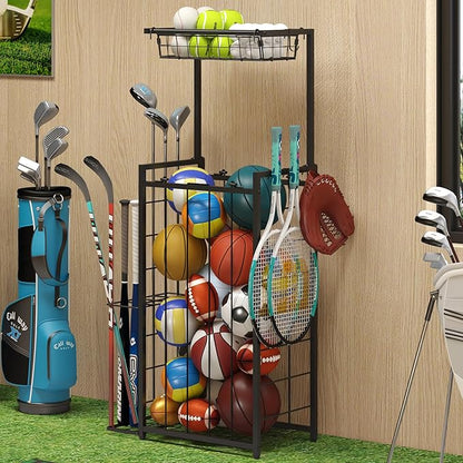 Sports Equipment Organizer, Small Garage Ball Storage Rack with Elastic Straps and 3 Hooks, Garage