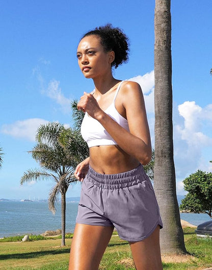 SANTINY Women's Running Shorts with Zip Pockets High Waisted Athletic Workout Gym Shorts for Women