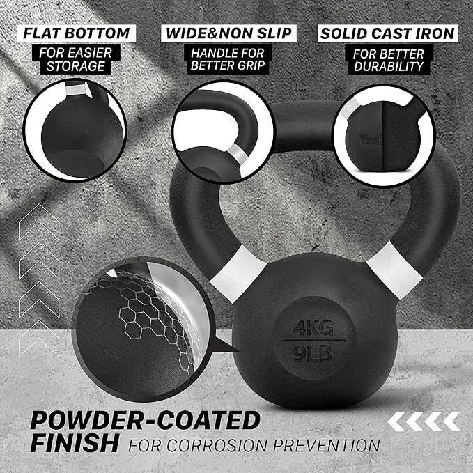 Yes4All Kettlebell, Heavy Duty Powder Coated Cast Iron Kettlebells, Non-Slip Handle & Flat Bottom