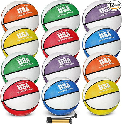 Lenwen 12 Pieces Rubber Basketball Bulk Official Size Basketball with Pump for Game Practice