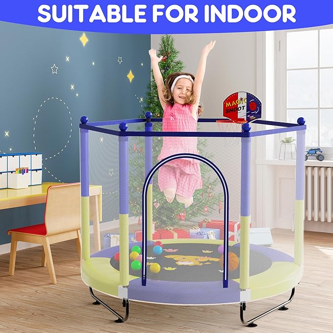 60" Trampoline for Kids, 5 FT Indoor & Outdoor Toddler Baby Trampoline with Basketball Hoop, Safety