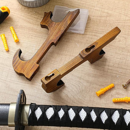 Chunful 2 Pcs Sword Wall Mount Sword Holder Katana Stand 1 Tier Hanger Adjustable Wooden Mounts for