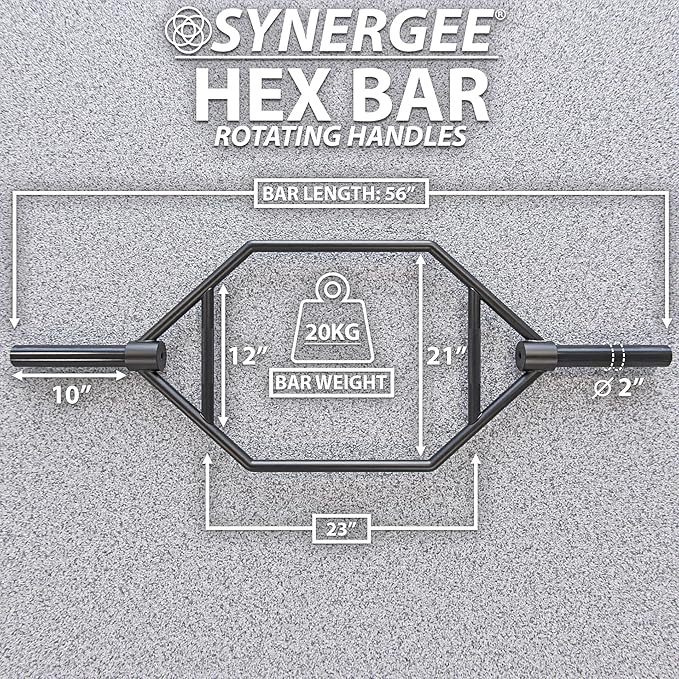 Synergee 20kg and 25kg Chrome or Black Olympic Hex Barbell Trap Bar with Rotating, Flat or Raised