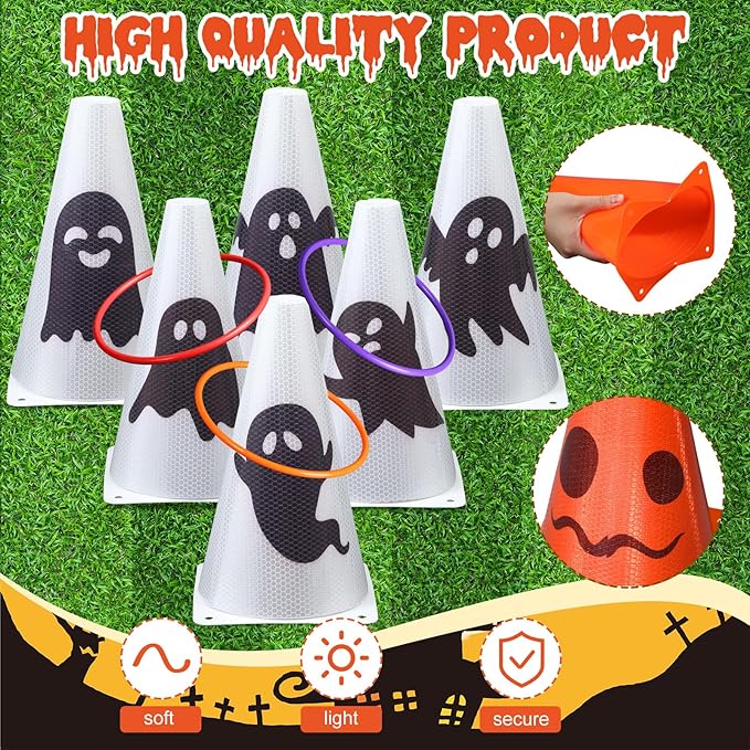 Leitee 6 Sets Candy Corn Ring Toss Game Plastic Cones Ring Toss Combo Set Mini Traffic Cones Toss