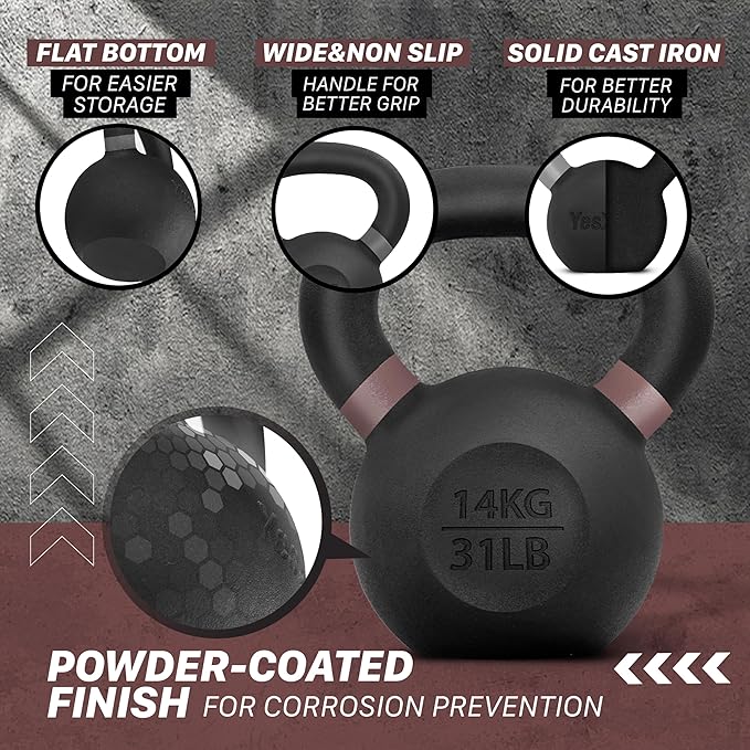 Yes4All Kettlebell, Heavy Duty Powder Coated Cast Iron Kettlebells, Non-Slip Handle & Flat Bottom