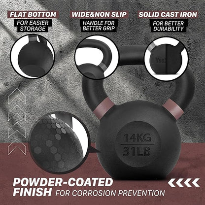 Yes4All Kettlebell, Heavy Duty Powder Coated Cast Iron Kettlebells, Non-Slip Handle & Flat Bottom