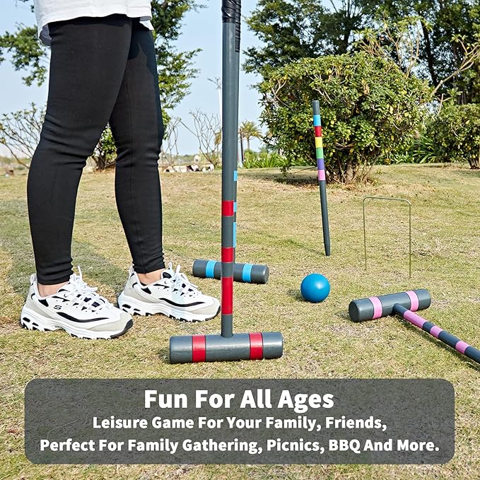 Six Player Deluxe Croquet Set, 35'' Croquette Game with Premium Wooden Mallets/Colored