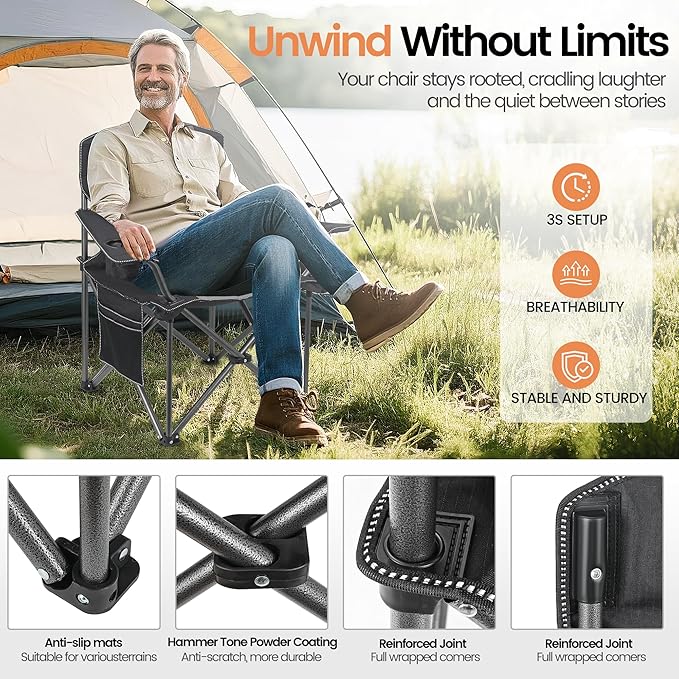 2 Pack Heavy Duty Oversized Camping Chair for Adults 400lbs w/Lumbar Support - Folding Chairs with
