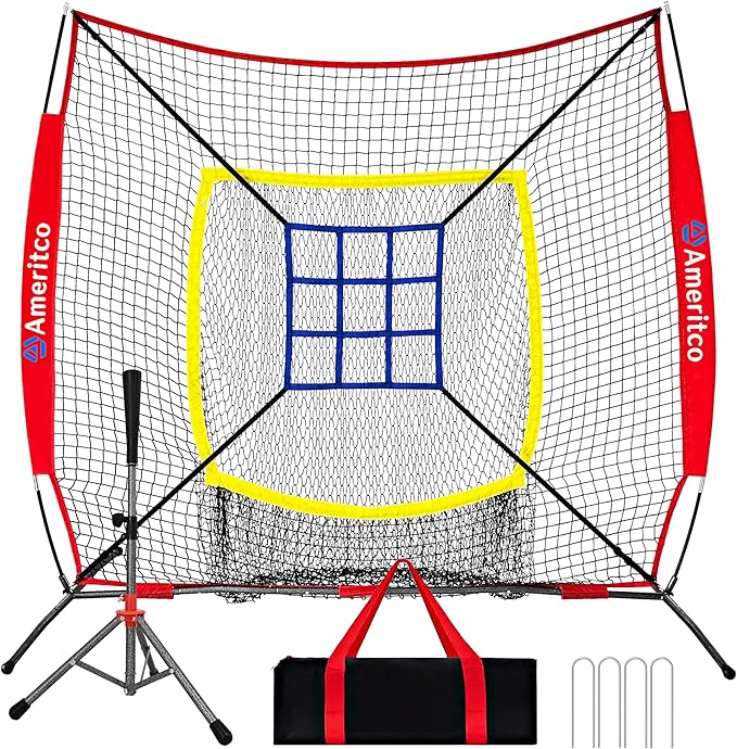 Baseball Net，7x7ft Baseball Practice Net with Tee and Target, Large Pocket Sports net for