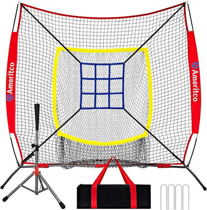 Baseball Net，7x7ft Baseball Practice Net with Tee and Target, Large Pocket Sports net for