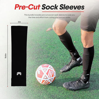 Soccer Grip Socks, Shin Guards, Pre Cut Sock Sleeves, and Guard Straps Bundle Pack - Essential