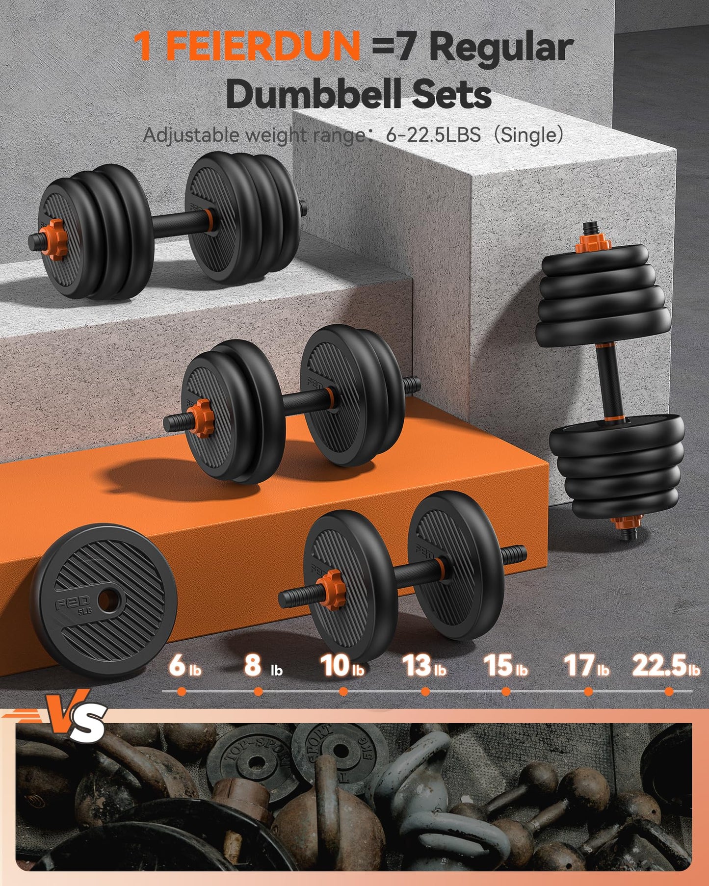 FEIERDUN Adjustable Dumbbells, 45lbs Free Weight Set with Connector, 4 in1 Dumbbells Set Used as