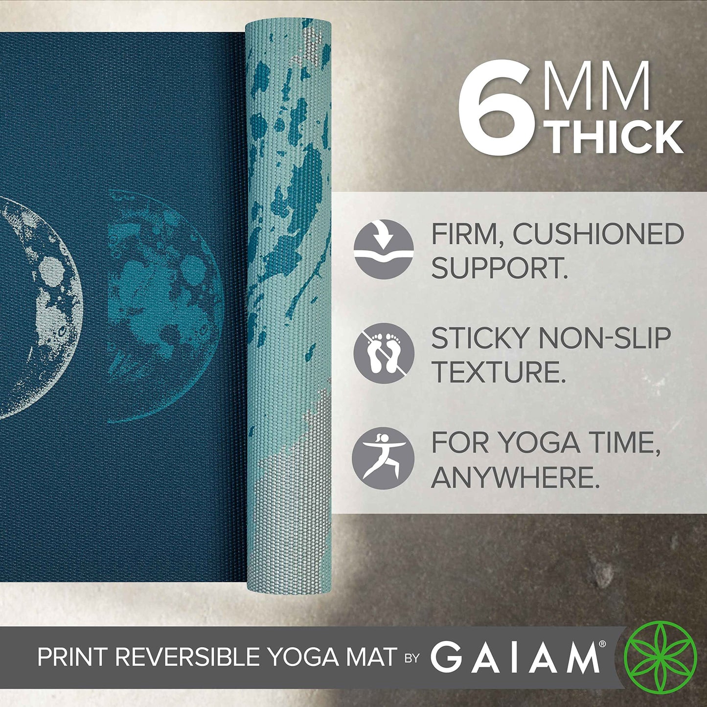 Gaiam Reversible Yoga Mat, 6mm Thick Print Mat (Lunar Wave)