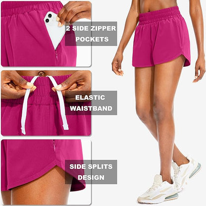 SANTINY Women's Running Shorts with Zip Pockets High Waisted Athletic Workout Gym Shorts for Women