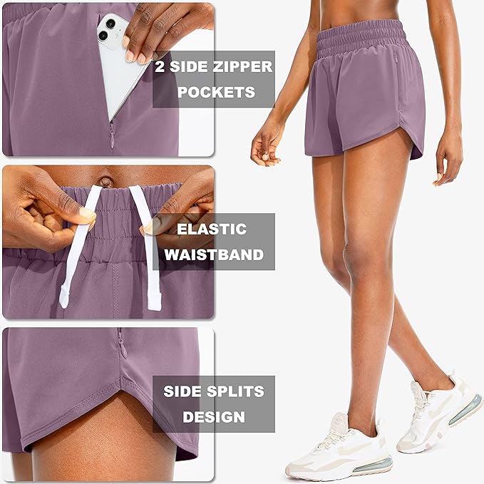 SANTINY Women's Running Shorts with Zip Pockets High Waisted Athletic Workout Gym Shorts for Women