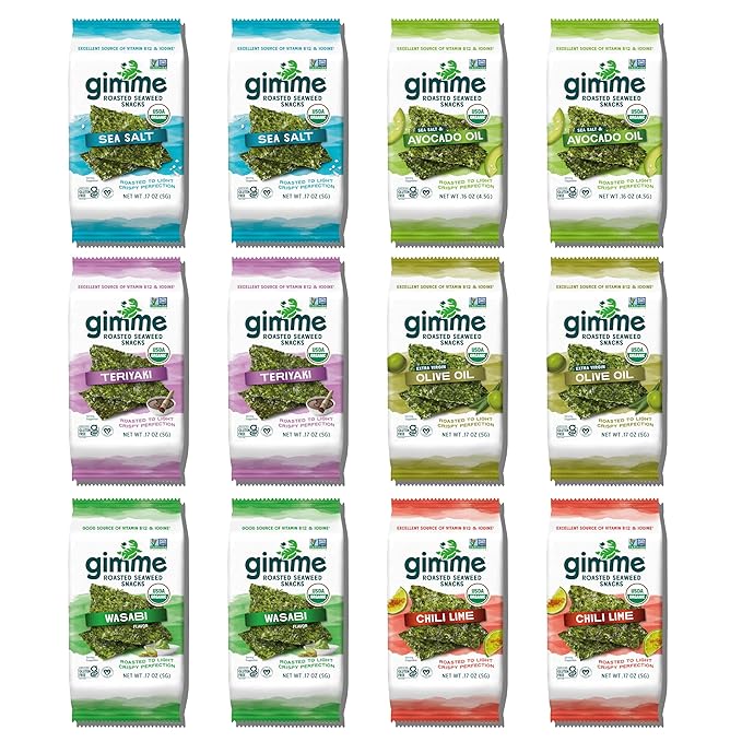 Gimme Seaweed Organic Premium Roasted Seaweed Snacks, New 6 Flavor Variety Pack, 12 Count (2 Each)