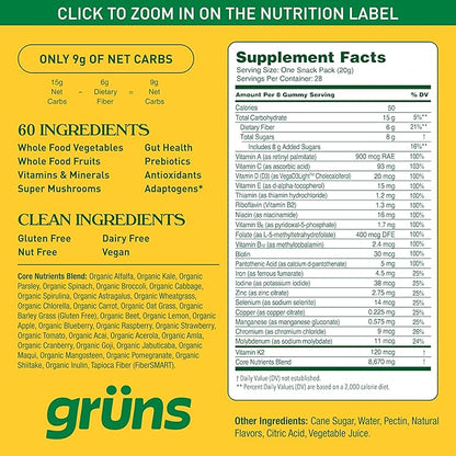 Gruns Adults Super Greens Gummies, Multivitamin Superfood Gummy Bears with Spirulina, Chlorella