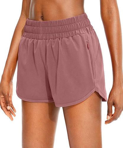 SANTINY Women's Running Shorts with Zip Pockets High Waisted Athletic Workout Gym Shorts for Women