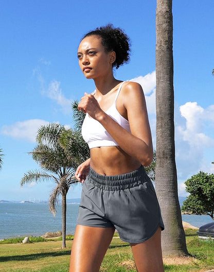 SANTINY Women's Running Shorts with Zip Pockets High Waisted Athletic Workout Gym Shorts for Women