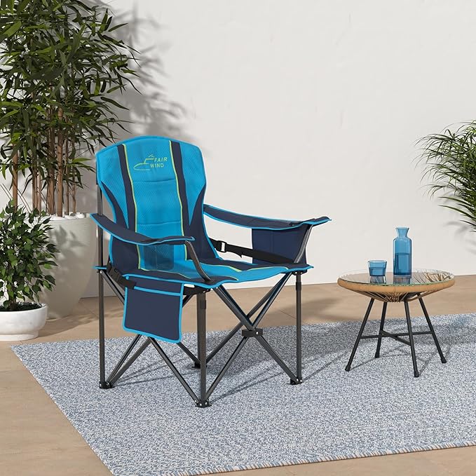 FAIR WIND Oversized Fully Padded Camping Chair with Lumbar Support, Heavy Duty Cooler Bag Fold