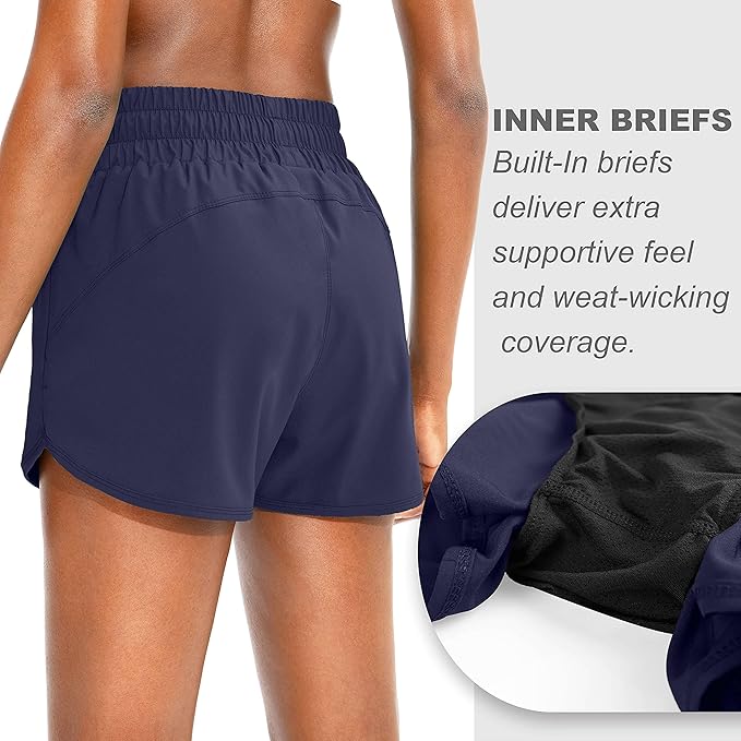 SANTINY Women's Running Shorts with Zip Pockets High Waisted Athletic Workout Gym Shorts for Women