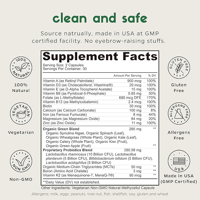 Zenkgo Women's Vitamins + Probiotics 25B CFU + Organic Whole Foods, Supports Immunity, Digestion