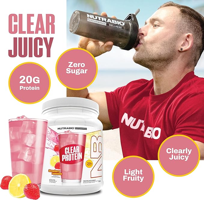 NutraBio Clear Protein Powder, Strawberry Lemonade - 20 Servings, 20g Clear Whey Protein Isolate, 0