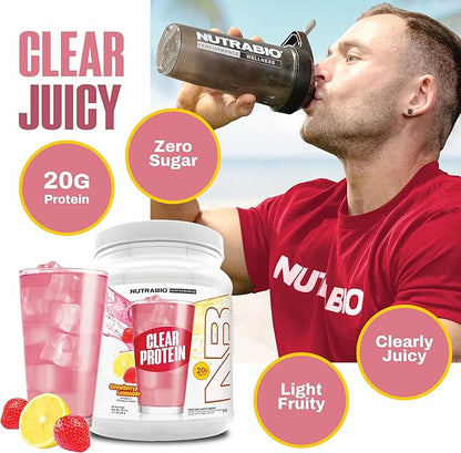 NutraBio Clear Protein Powder, Strawberry Lemonade - 20 Servings, 20g Clear Whey Protein Isolate, 0