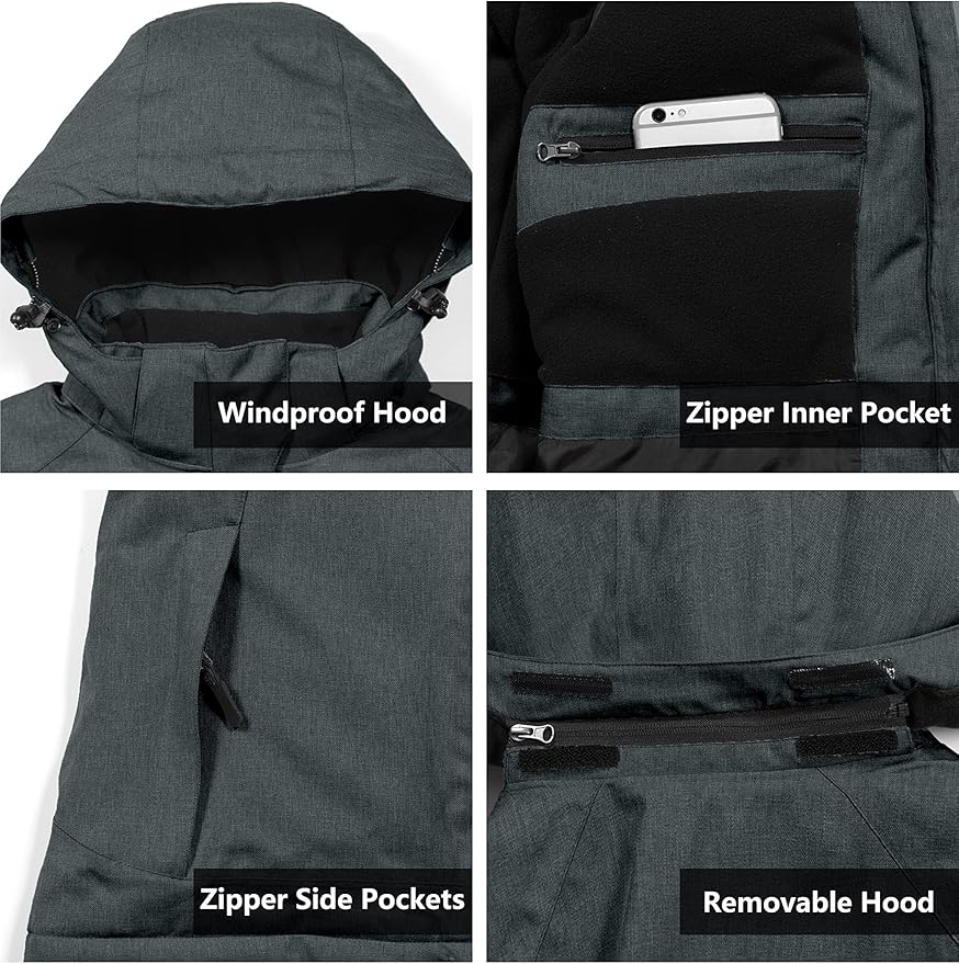 Little Donkey Andy Women's Waterproof Hiking Skiing Jacket with Removable Hood, Fleece Lined Winter