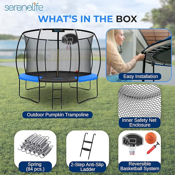 SereneLife 8FT 10FT 12FT 14FT Outdoor Trampoline for Kids and Adults – ASTM Certified Heavy-Duty