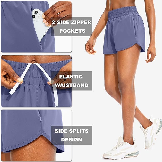 SANTINY Women's Running Shorts with Zip Pockets High Waisted Athletic Workout Gym Shorts for Women