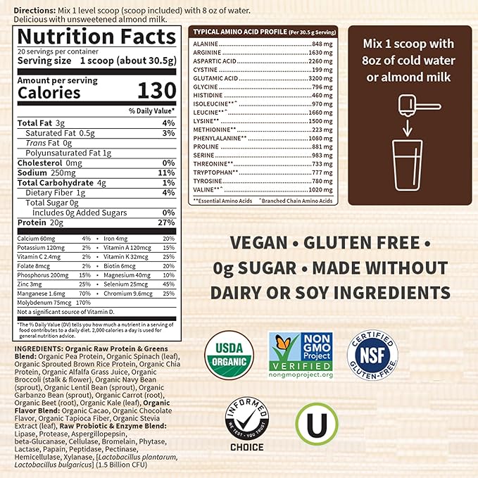 Garden of Life Raw Organic Protein & Greens - Chocolate - Vegan Protein Powder for Women and Men
