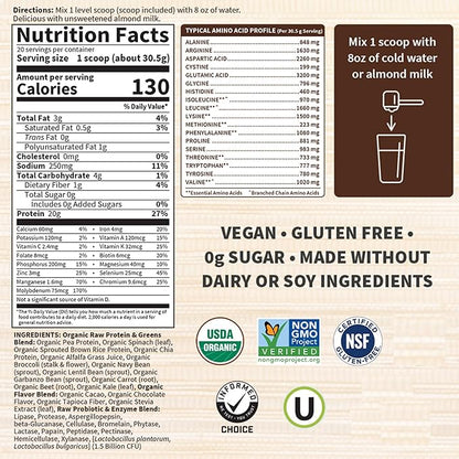 Garden of Life Raw Organic Protein & Greens - Chocolate - Vegan Protein Powder for Women and Men