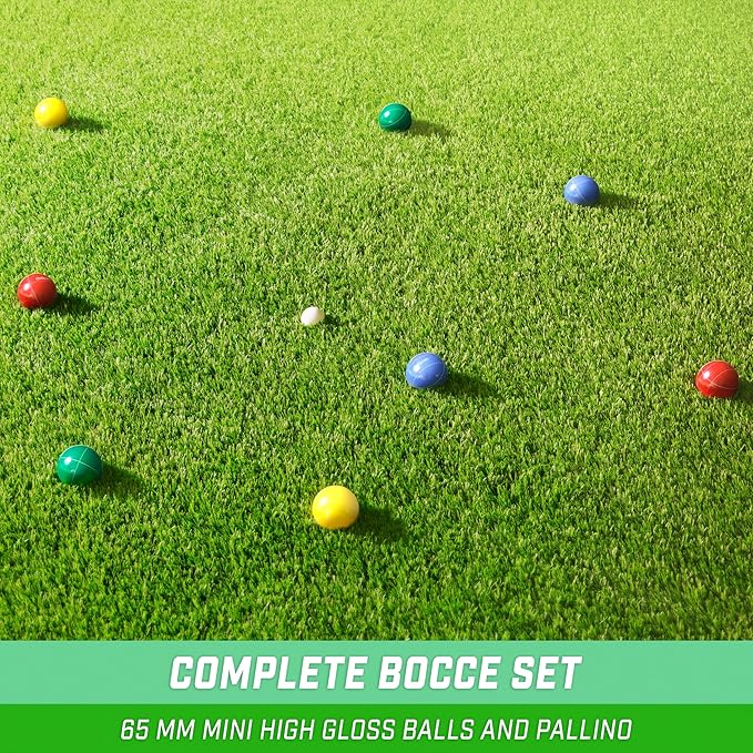 GoSports Mini Travel Size Bocce Game Set with 8 Balls, Pallino, Tote Bag and Measuring Rope