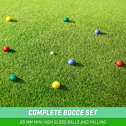 GoSports Mini Travel Size Bocce Game Set with 8 Balls, Pallino, Tote Bag and Measuring Rope