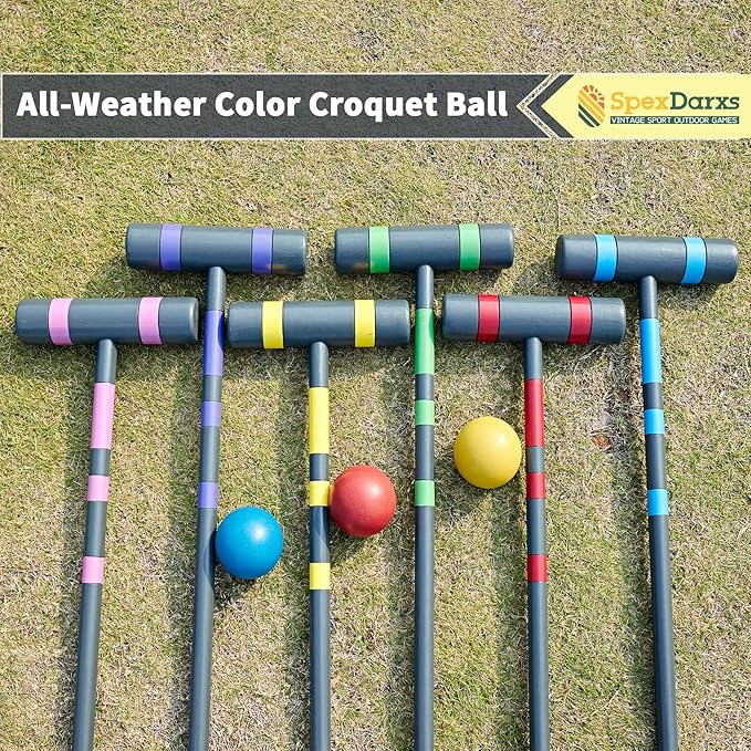 Six Player Deluxe Croquet Set, 35'' Croquette Game with Premium Wooden Mallets/Colored