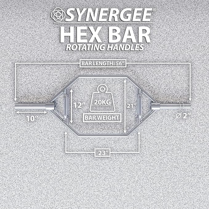 Synergee 20kg and 25kg Chrome or Black Olympic Hex Barbell Trap Bar with Rotating, Flat or Raised