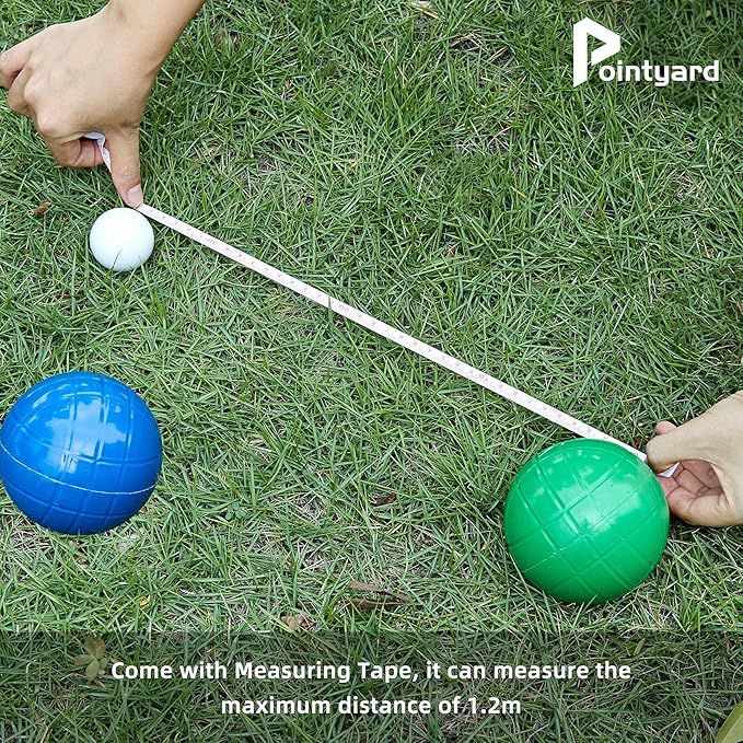Pointyard 90mm Bocce Ball Set with 8 PE Balls, 1 Pallino, Carrying Bag, Measuring Tape - Family